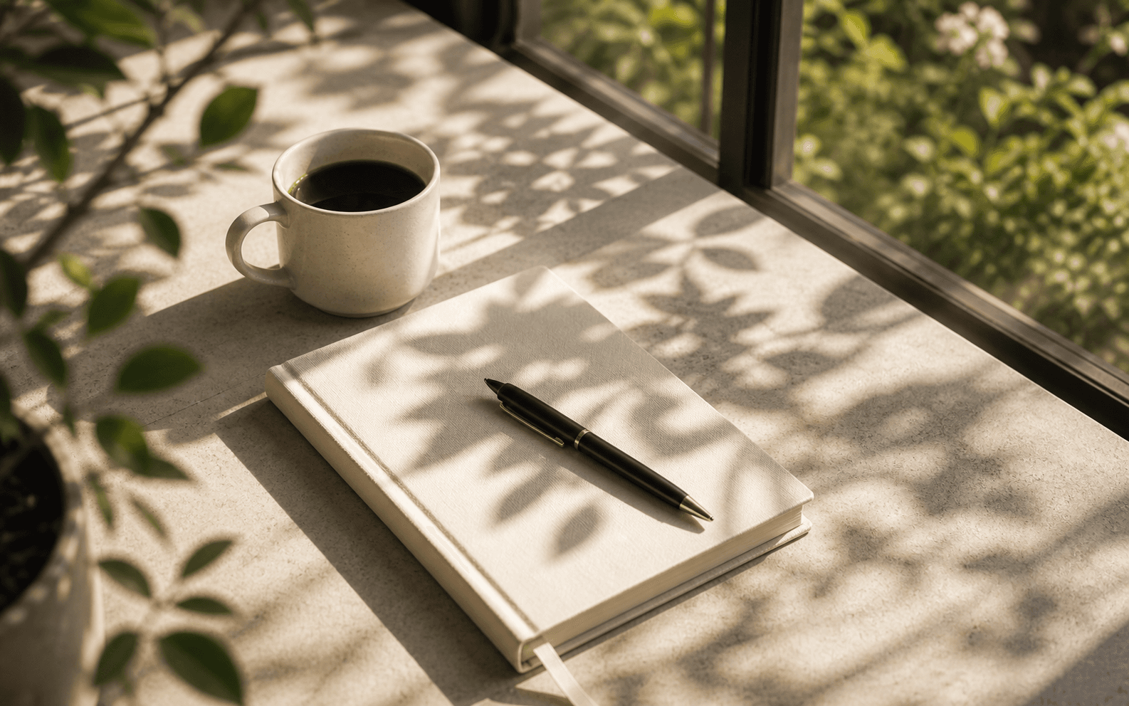 A coffee cup, notebook, and pen in quiet afternoon light.