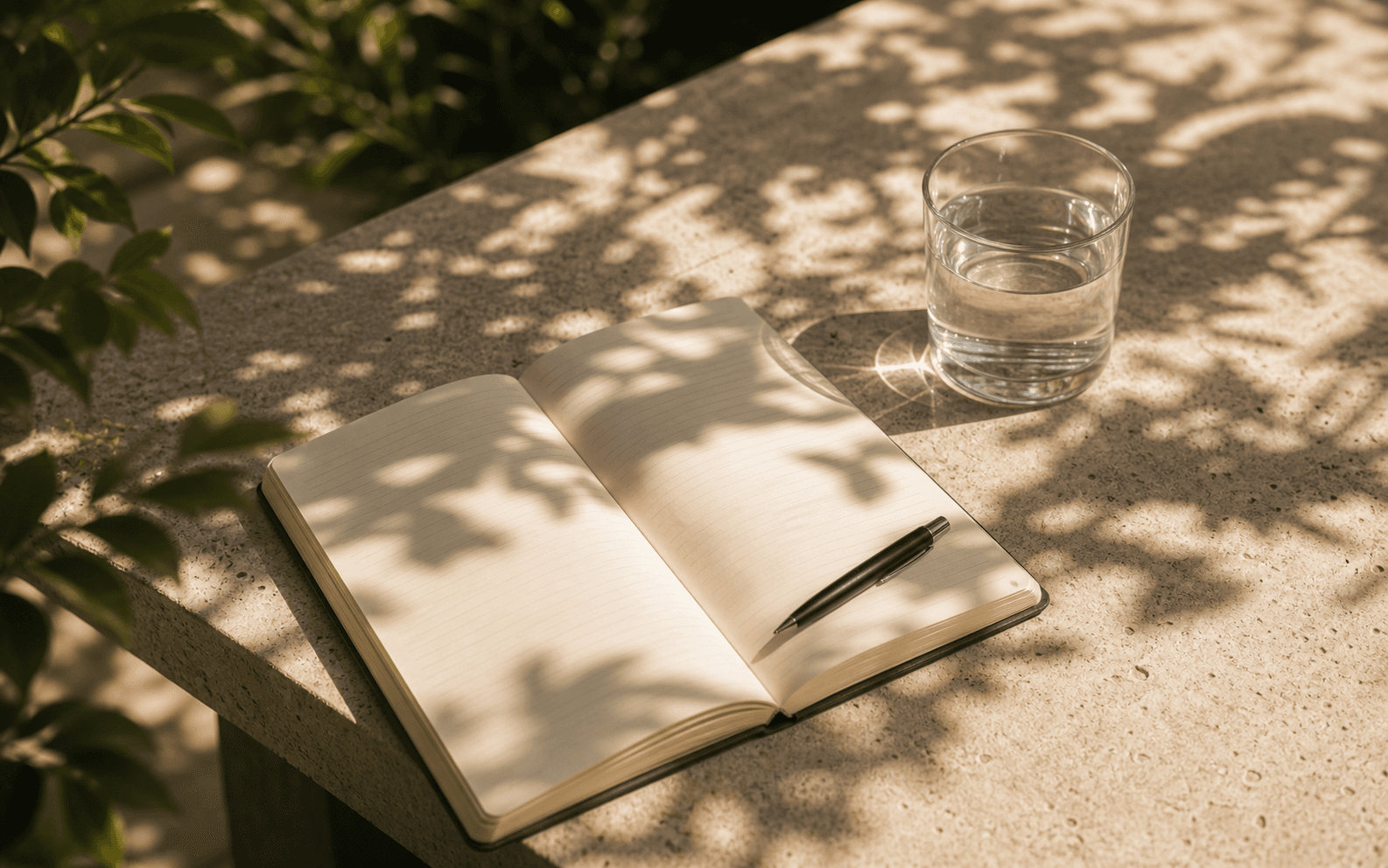 An open notebook, pen, and water glass in dappled garden light.