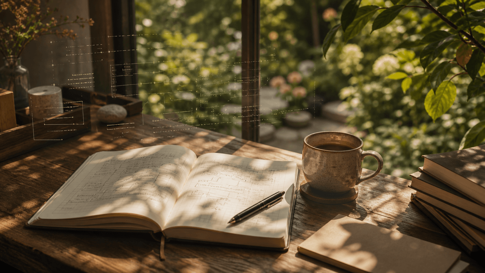 A sunlit desk with an open notebook, coffee cup, and faint workflow trace overlays.