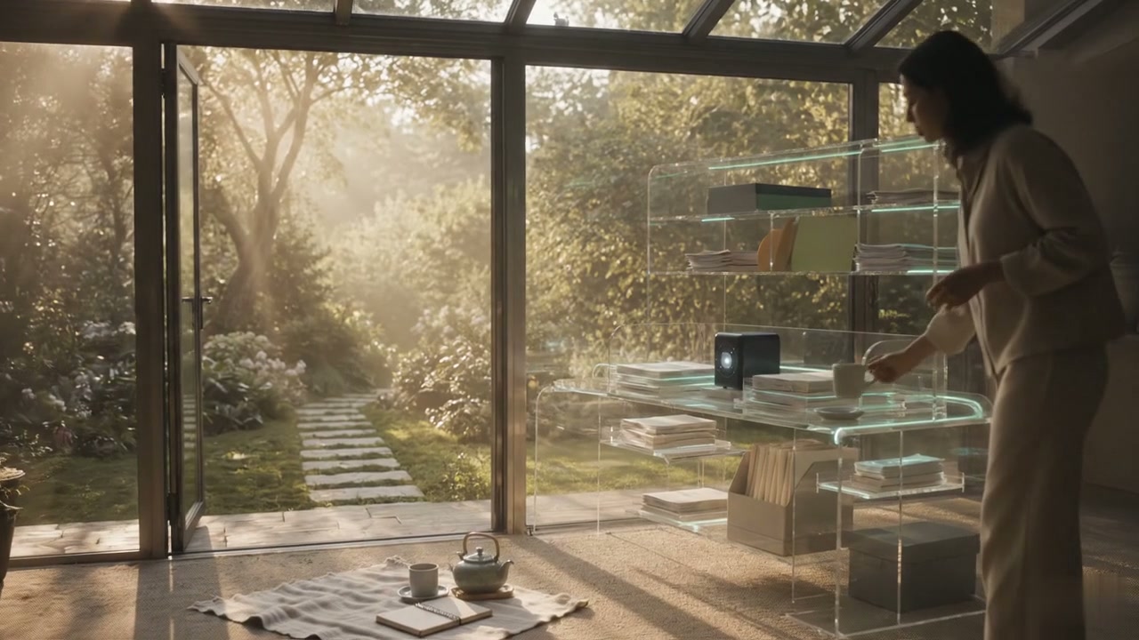 A sunlit garden beside a quiet glass-walled workspace where Apprentice keeps returned work ready.